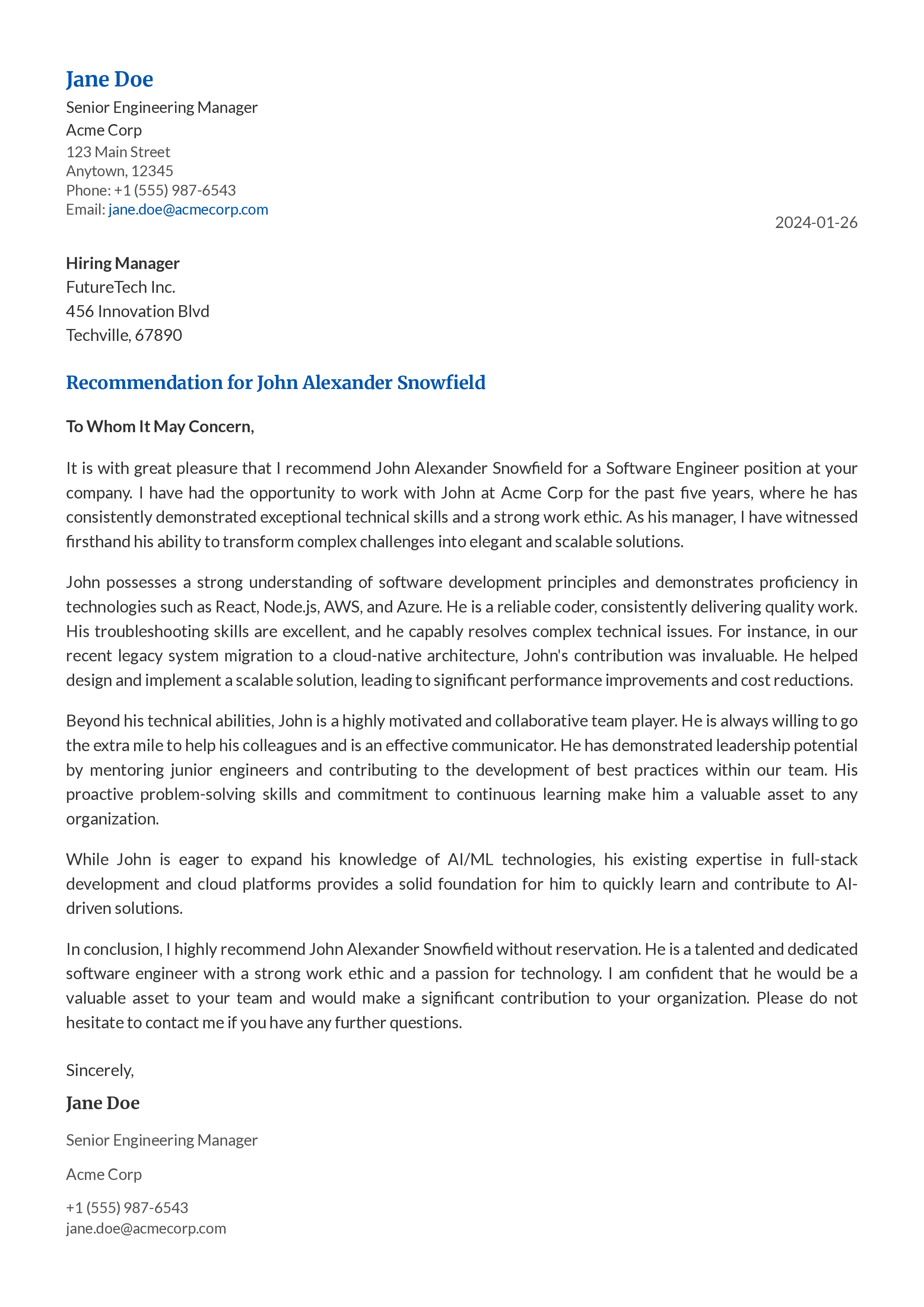 Recommendation Letter Example